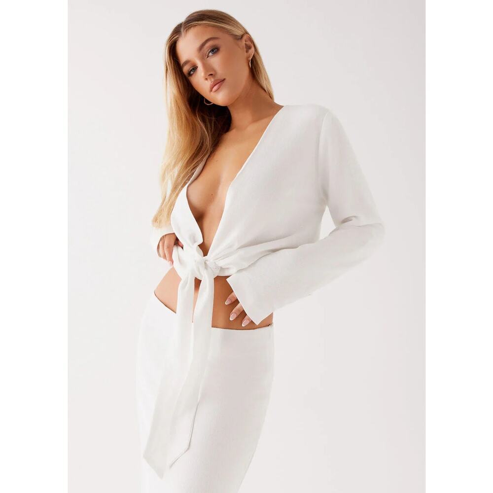 Peppermayo Parker Linen Knotted Top Size 12 White European Summer Resort NWT - Picture 2 of 9